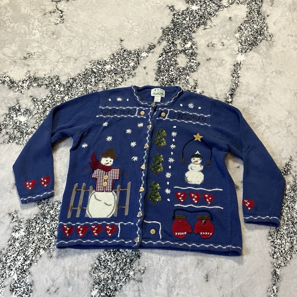 Quacker Factory Sweater Womens Size L Blue Winter Snowman Hearts Mittens